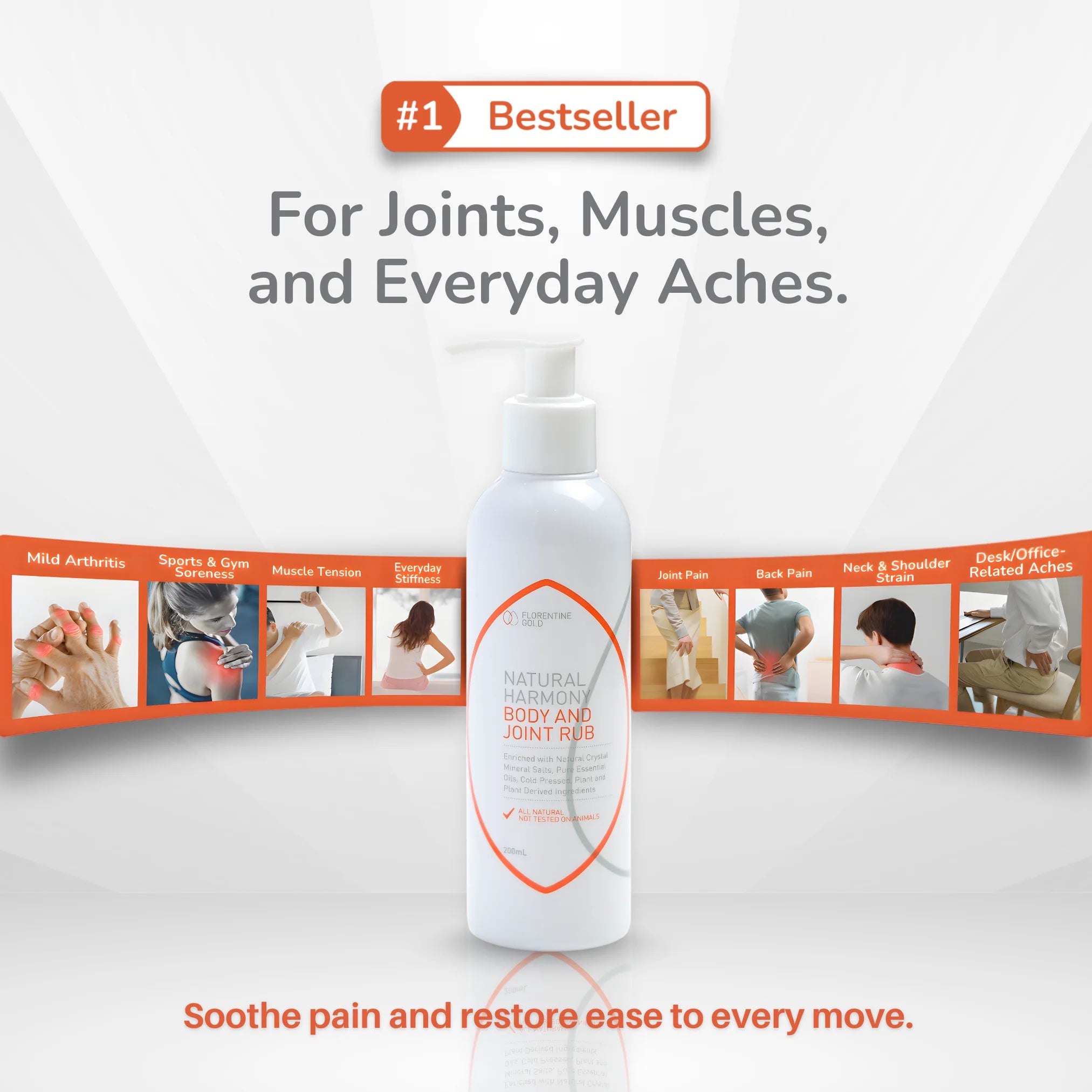 Bottle of natural body and joint rub with text about its uses on a white background