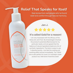 White bottle of Natural Harmony Body and Joint Rub on an orange background with a five-star rating and review.