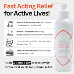 White bottle of Natural Harmony Body and Joint Rub with product features listed on a white background